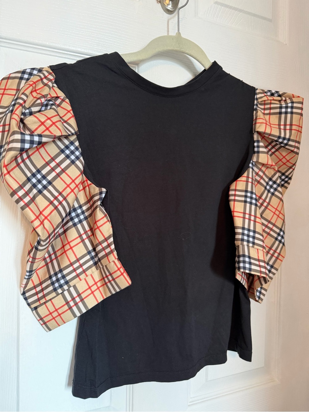 Plaid Puff Sleeve Women’s  Top - Black with Beige Plaid